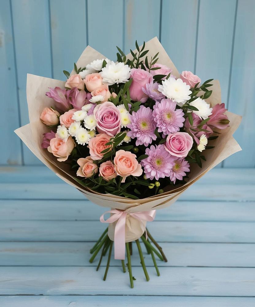 Букет цветов из: Хризантемы, Розы и Альстромерии в Поселок опытного хозяйства Ермолино