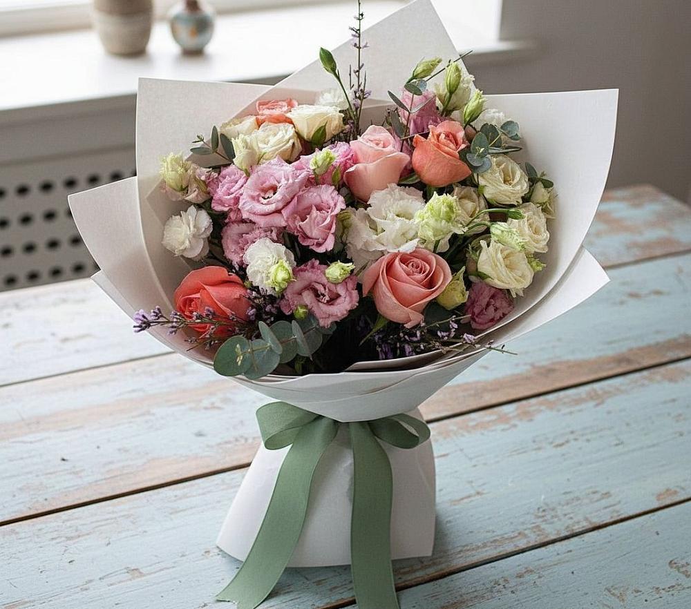 Букет цветов из: Розы, Лизиантусы и Гвоздики в Поселок опытного хозяйства Ермолино