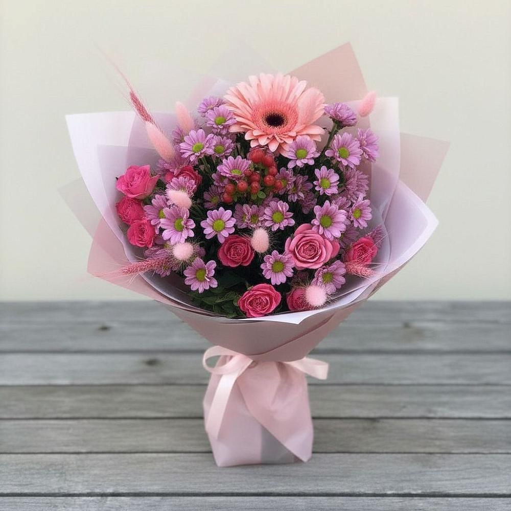 Букет цветов из: Розы, Герберы и Хризантемы в Поселок опытного хозяйства Ермолино