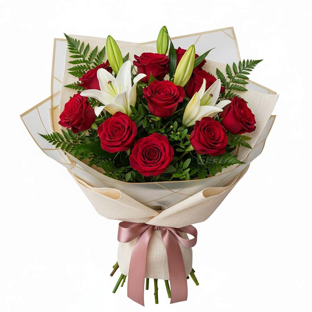 Букет цветов из: Лилии и Розы в Поселок опытного хозяйства Ермолино