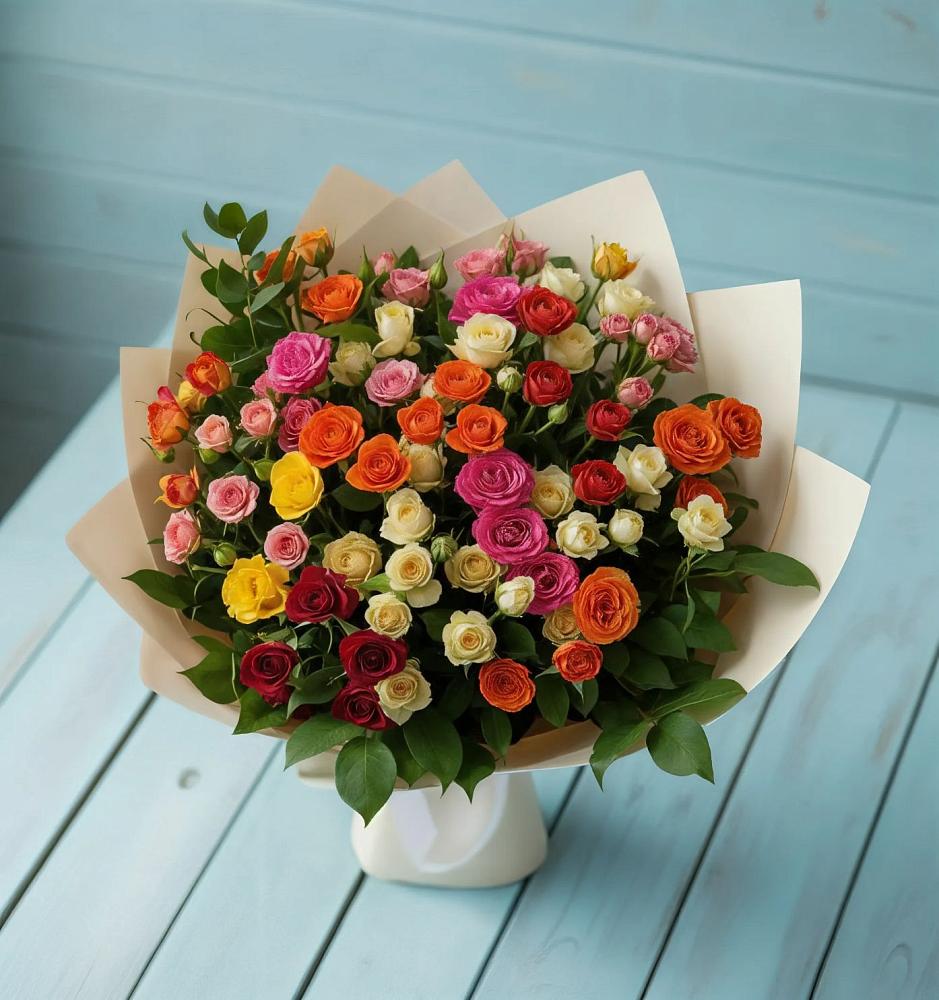 Букет Микс из разноцветных кустовых роз в Поселок опытного хозяйства Ермолино