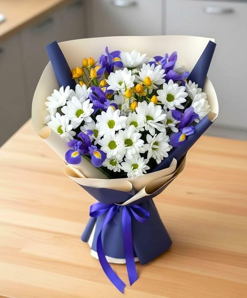 Букет цветов из: Розы, Ирисы и Хризантемы в Поселок опытного хозяйства Ермолино