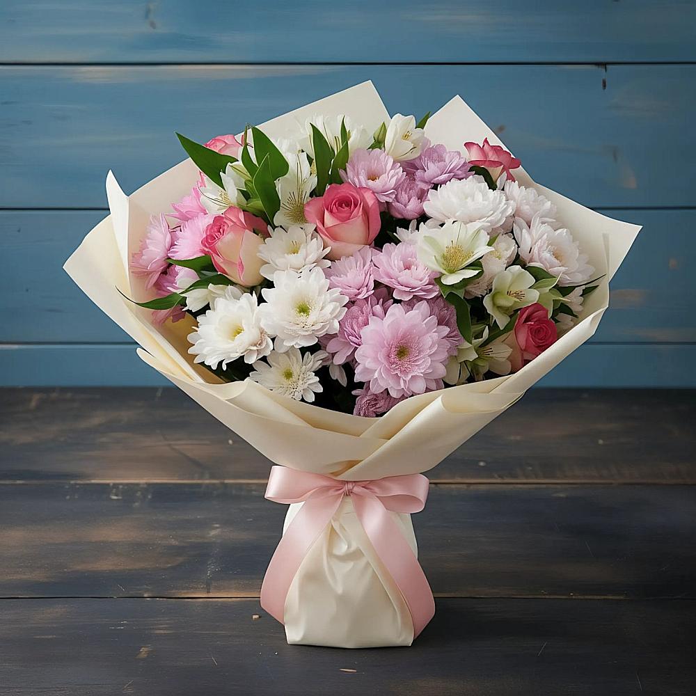 Букет цветов из: Хризантемы, Альстромерии и Розы в Поселок опытного хозяйства Ермолино